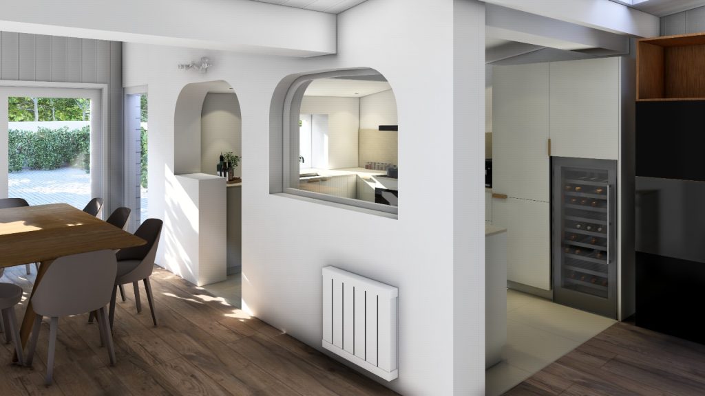 Intérieur d'échoppe rénové avec cuisine contemporaine
